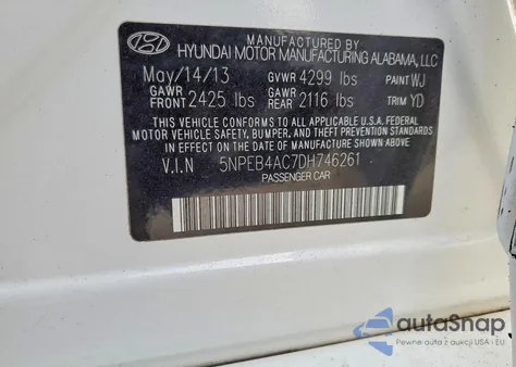 2013 Hyundai Sonata Gls z USA, uszkodzony, nr VIN 5NPEB4AC7DH746261